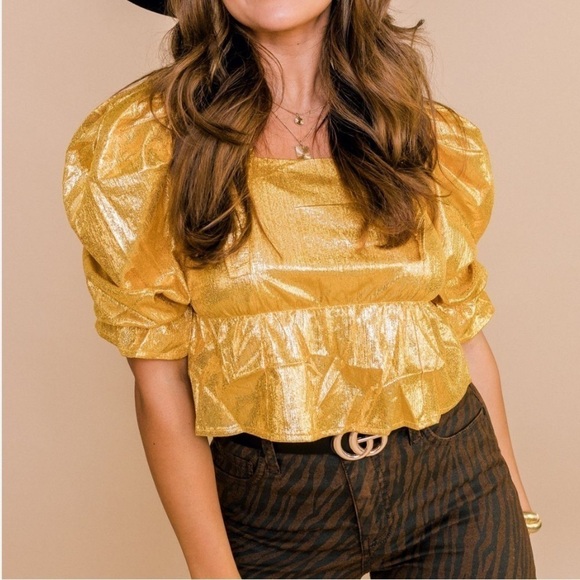 Queen of Sparkles Gold Metallic Puff Sleeve Peplum Top XS - Picture 2 of 5